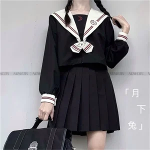 Moon Pattern Japanese Girls Original Dark Style School Uniform Short-Sleeve Genuine JK Uniform Suit with Summer Pleated Skirt