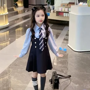 2026 autumn spring Teens Girls Cloth Jk Uniform long sleeve Bow white Blouse Shirt + vest dress Skirt children set 12 8 10 year