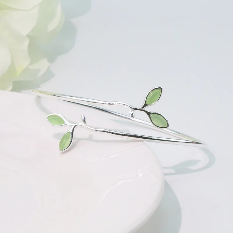 925 Sterling Silver Bracelet Bangle Simple Green Leaf Elegant Nature For Woman Girl Fashion Jewelry Gift Dropship Wholesale - Image 2