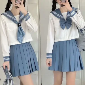 Blue JK Uniform Summer long Sleeve Japanese School Uniforms Girls Sailor Sets Pleated Skirt JK Uniform Costume
