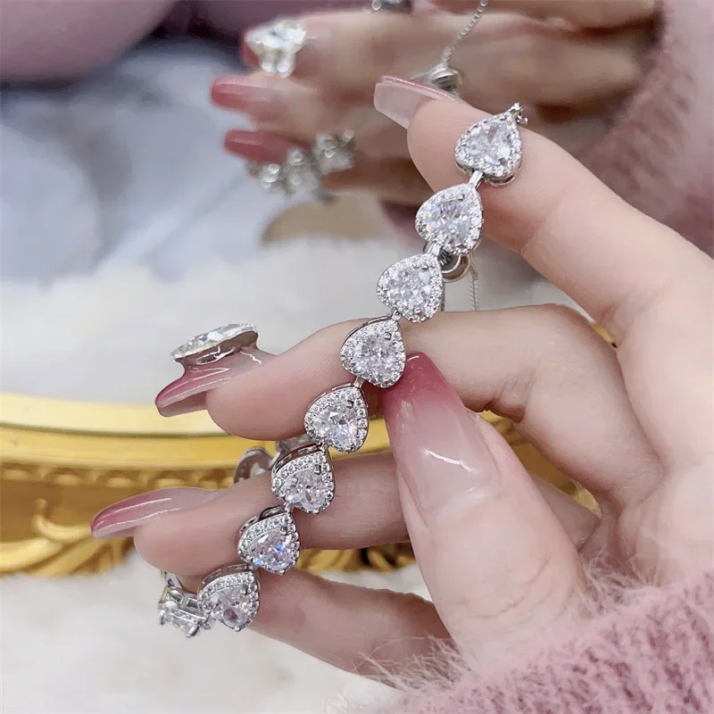 Fashion White Pink Heart Women Sterling Silver Bracelets Bangles for Girl Shinny Cut CZ Bridal Adjustable Bracelet Party Jewelry - Image 5