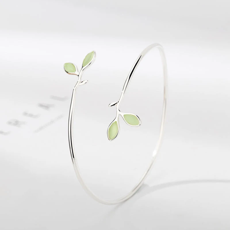 925 Sterling Silver Bracelet Bangle Simple Green Leaf Elegant Nature For Woman Girl Fashion Jewelry Gift Dropship Wholesale - Image 6