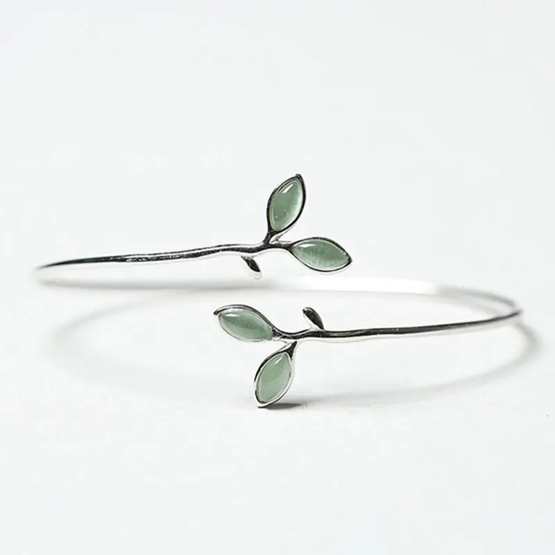 925 Sterling Silver Bracelet Bangle Simple Green Leaf Elegant Nature For Woman Girl Fashion Jewelry Gift Dropship Wholesale