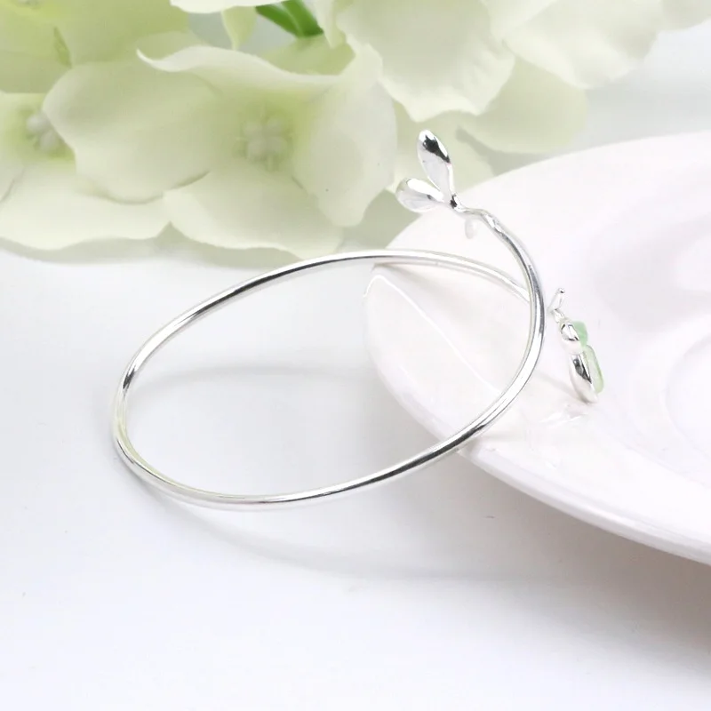 925 Sterling Silver Bracelet Bangle Simple Green Leaf Elegant Nature For Woman Girl Fashion Jewelry Gift Dropship Wholesale - Image 5