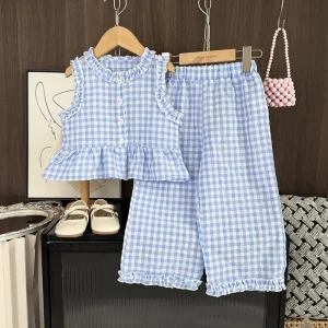 Blue and White Grid Fresh Casual Girls' Clothing Lace Sleeveless Single Breasted Vest+wide Leg Pants Two-piece Set for Summer