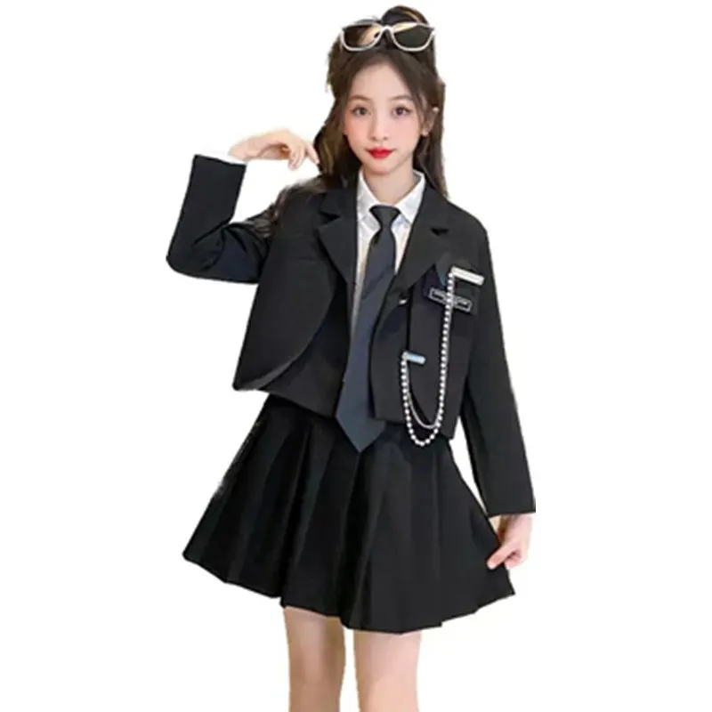 Junior Girl JK School Uniform Set Unique Formal Chain Smart Jackets and Pleated Skirt 2Pcs School Kids Child Uniform Blazer Suit - Image 2