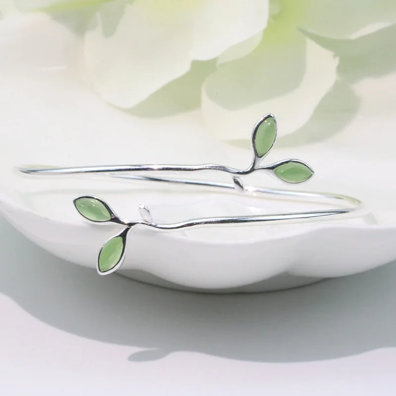 925 Sterling Silver Bracelet Bangle Simple Green Leaf Elegant Nature For Woman Girl Fashion Jewelry Gift Dropship Wholesale - Image 3