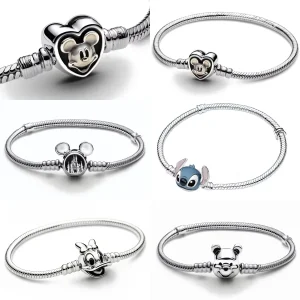 925 Sterling Silver Cartoon Charm Bracelet Mickey Mouse Stitch Winnie Pooh Daisy Duck Snake Chain Fashion Jewelry Gift