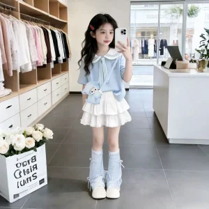 2026 Summer Preppy Style Navy Collar Girls 2 Piece Set New Arrival Big Girls Short Sleeve Top + Tiered Cake Skirt Outfit