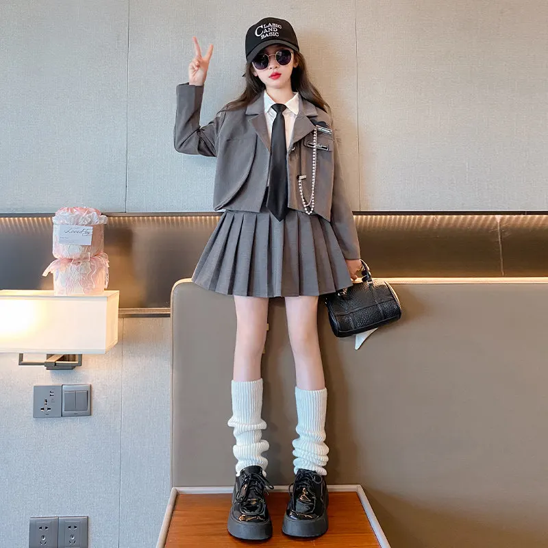 Junior Girl JK School Uniform Set Unique Formal Chain Smart Jackets and Pleated Skirt 2Pcs School Kids Child Uniform Blazer Suit - Image 3