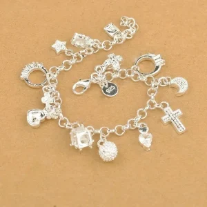 Top Quality 925 Sterling Silver Color Bracelet Nice Moon Heart Clock Ball Cube Star Charms Jewelry for Women Girls