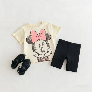 Summer Clothing Girls T-shirt Skinny Shorts Two Piece Set Disney Minnie Pattern Fashion Casual Short Sleeved Suit Kids Costume