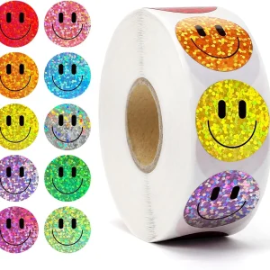 500 Pcs Smile Face Stickers Roll Laser Colorful Happy Face Sticker for Classroom Back to School Birthday Teacher Reward,1inch