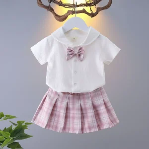 Girls College Style Jk Uniform Pleated Skirt + Short Sleeves Shirts Summer Children Big Kids School Students Sweat Clothes1-10Y