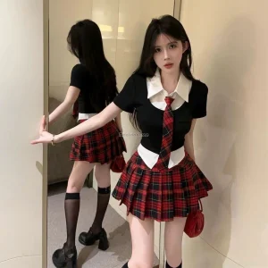 2025 korean style polo collar short-sleeved tops high-waisted jk plaid short skirts 2 piece summer girls school uniform jk set