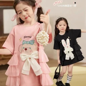 1pcs Childrens Short Sleeve Dress Kids Leisure Skirts Summer Baby Sweet Big Bow Skirts Pupil Girls Fashion Bear Printing Clothes