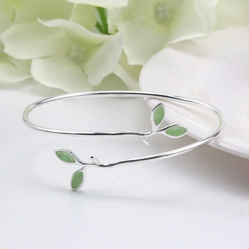 925 Sterling Silver Bracelet Bangle Simple Green Leaf Elegant Nature For Woman Girl Fashion Jewelry Gift Dropship Wholesale - Image 4