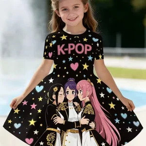 Kpop Cartoon Graphic Dress for Girls Funny Gift for Fan Harajuku Girl Clothes Summer Tops Short Sleeve Dress Children's Clothing