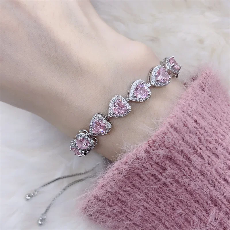 Fashion White Pink Heart Women Sterling Silver Bracelets Bangles for Girl Shinny Cut CZ Bridal Adjustable Bracelet Party Jewelry - Image 4