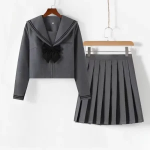 Japanese Style Gray Suit JK Uniform Set for Girls Preppy Campus Look Spring Autumn Long & Short Sleeve with Pleated Skirt Outfit