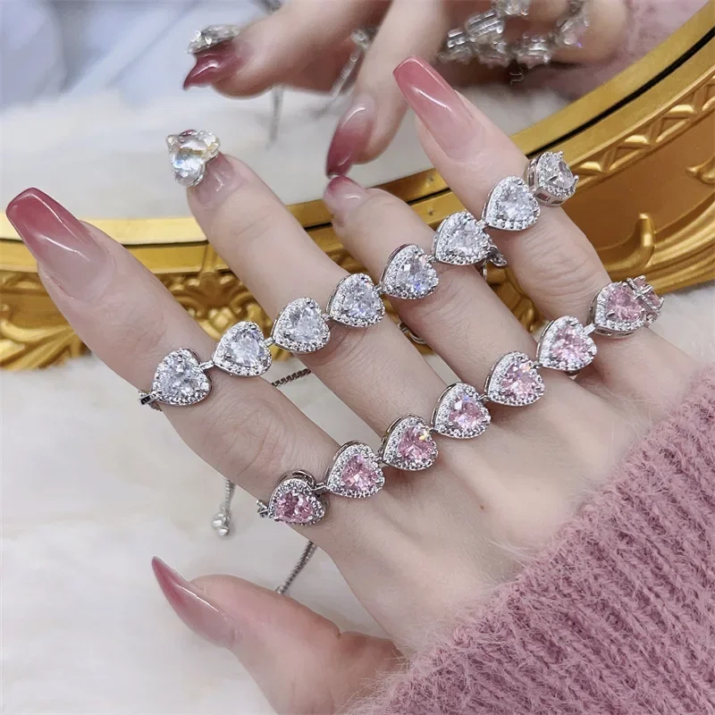 Fashion White Pink Heart Women Sterling Silver Bracelets Bangles for Girl Shinny Cut CZ Bridal Adjustable Bracelet Party Jewelry - Image 6