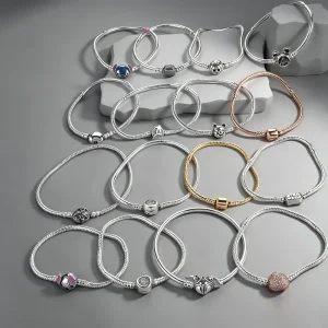 NEW 925 Sterling Silver Snake Chain Bracelets Fit Original Charms Disney Stitch Heart Clasp Bangle Jewelry Gift for Women Girls