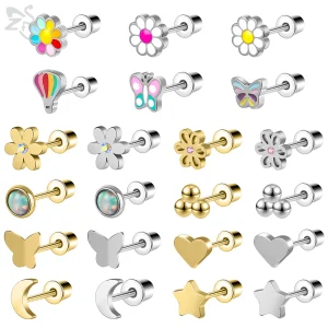 ZS 1 Piece 20G Stainless Steel Stud Earring For Children Women Cute Flower Butterfly Earrings Cartilage Helix Piercing Jewelry