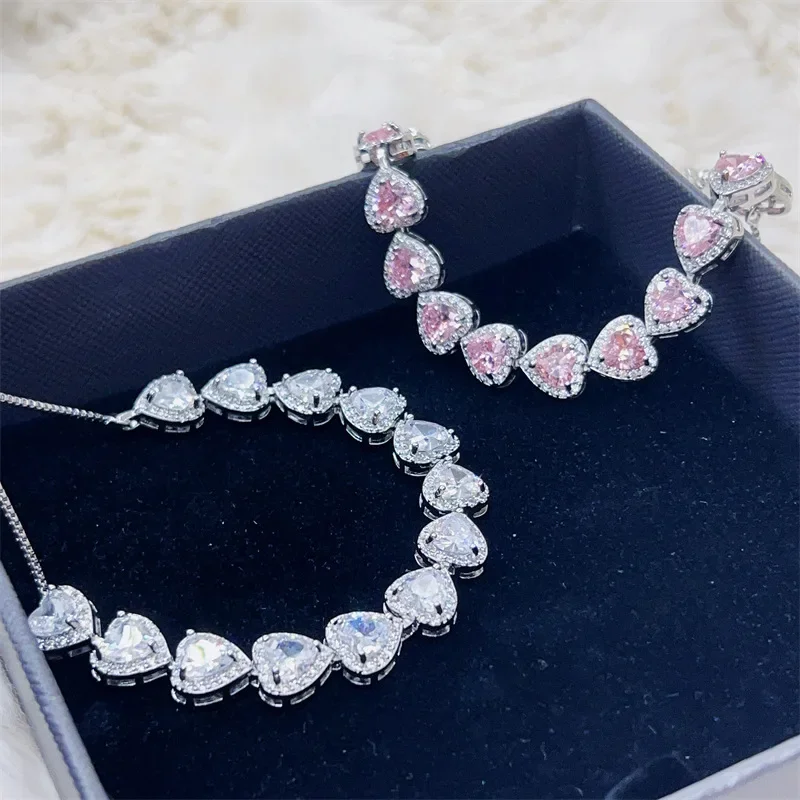 Fashion White Pink Heart Women Sterling Silver Bracelets Bangles for Girl Shinny Cut CZ Bridal Adjustable Bracelet Party Jewelry - Image 3
