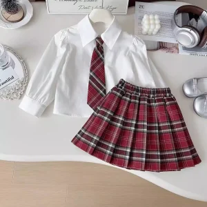 Girls' School Uniform Style JK Plaid Skirt Shirt Two-Piece Set Spring Autumn Cotton Polyester Blend Korean Small Medium Child...