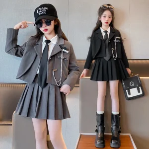 Junior Girl JK School Uniform Set Unique Formal Chain Smart Jackets and Pleated Skirt 2Pcs School Kids Child Uniform Blazer Suit