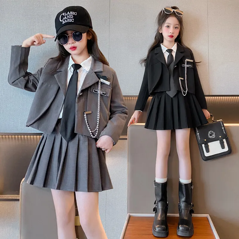 Junior Girl JK School Uniform Set Unique Formal Chain Smart Jackets and Pleated Skirt 2Pcs School Kids Child Uniform Blazer Suit