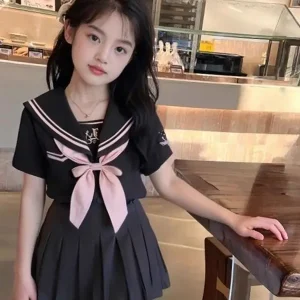 Girls Summer New School Uniform JK Suit Set Short Sleeve Pleated Skirt Two Piece Set Breathable Machine Washable Knot