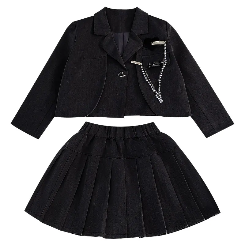 Junior Girl JK School Uniform Set Unique Formal Chain Smart Jackets and Pleated Skirt 2Pcs School Kids Child Uniform Blazer Suit - Image 5